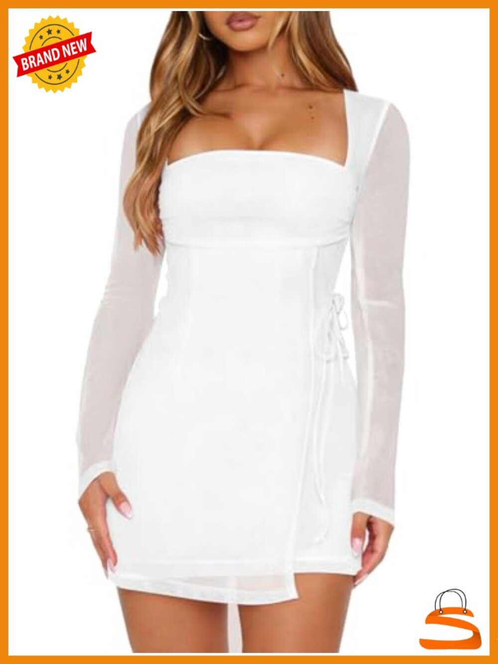 Long Sleeve Mini Mesh Dress Square Neck Side Wrap Club Party